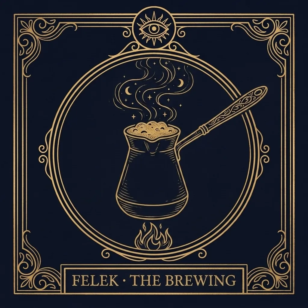 The Brewing: a Turkish coffee pot, tarot-card illustration